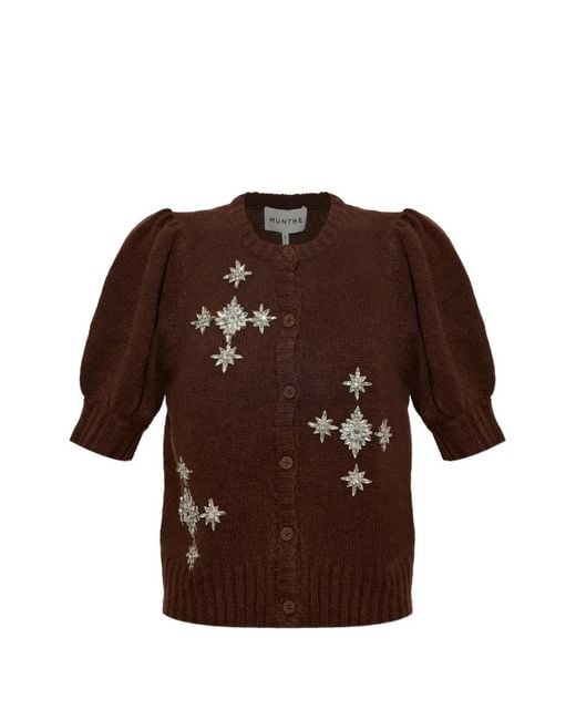 Munthe Brown Vocca Crystal-Embellished Puff-Sleeve Cardigan