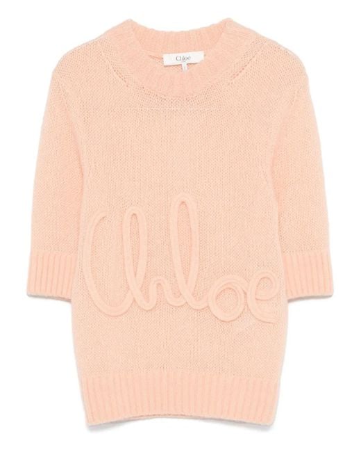 Chloé Natural Elbow-Sleeve Embroidered-Logo Top