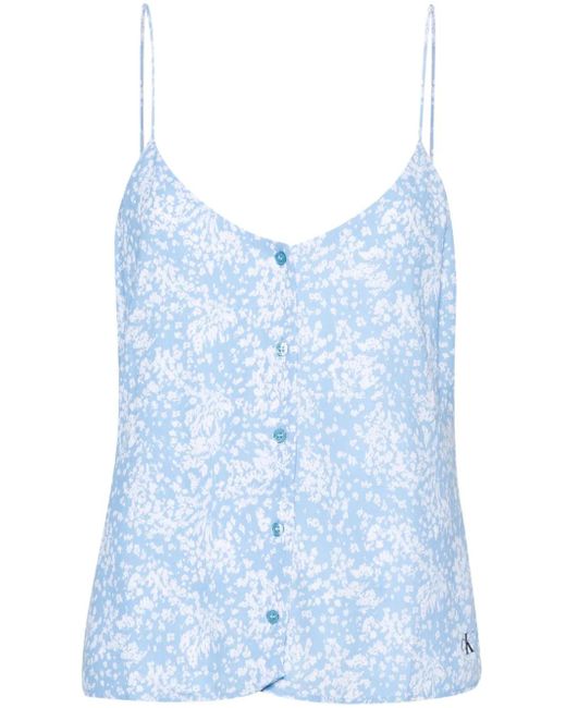Calvin Klein Blue Floral-Print Crepe Blouse