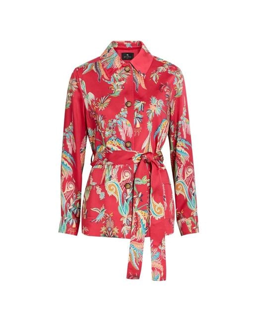 Etro Red Paisley-Print Belted Fitted Jacket