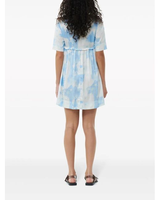 Ganni Blue Graphic-Print Satin Minidress