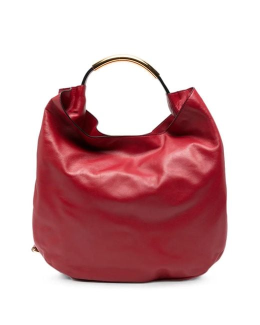 Moschino Red Handle Me Logo-Plaque Leather Tote Bag