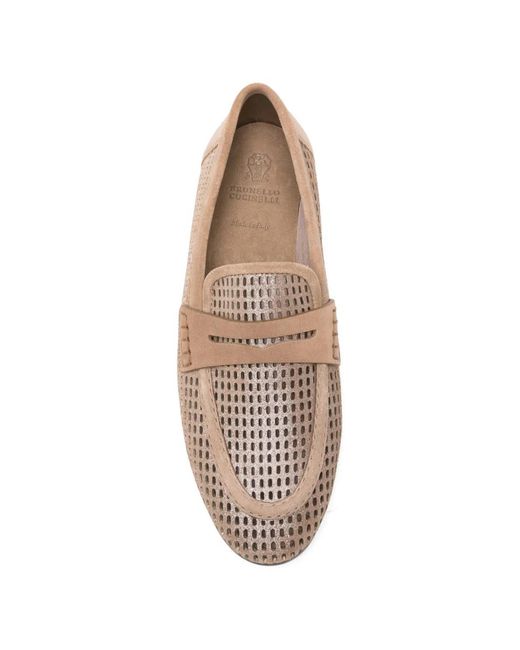 Brunello Cucinelli Natural Perforated Suede Loafers