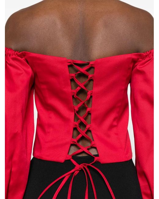 RHIZOME Red Off-Shoulder Lace-Up Veracruz Blouse