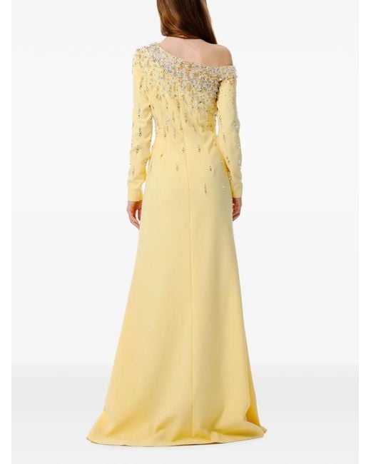 Dina Melwani Yellow Crystal-Embellished One-Shoulder Maxi Gown