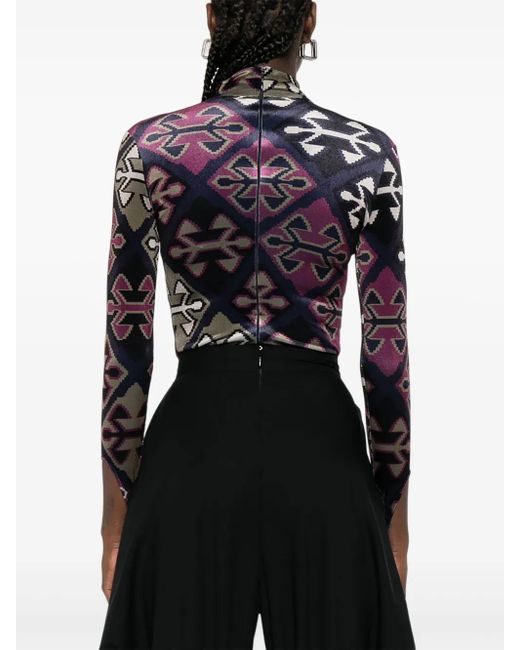Burc Akyol Blue Geometric-Print Velvet Bodysuit