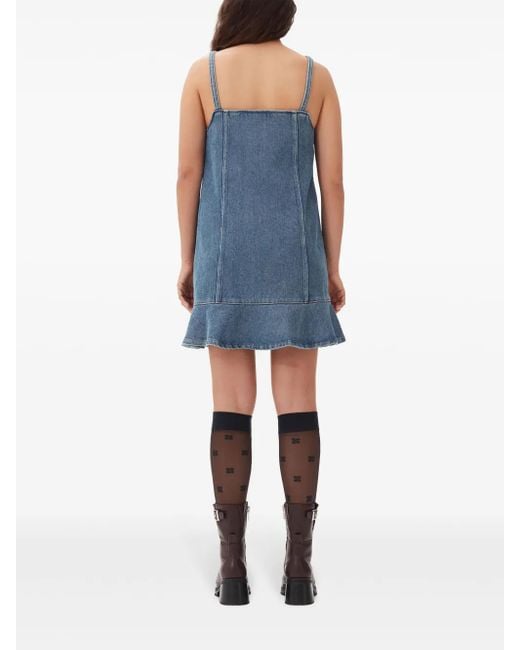 Ganni Blue Flared-Hem Denim Mini Dress