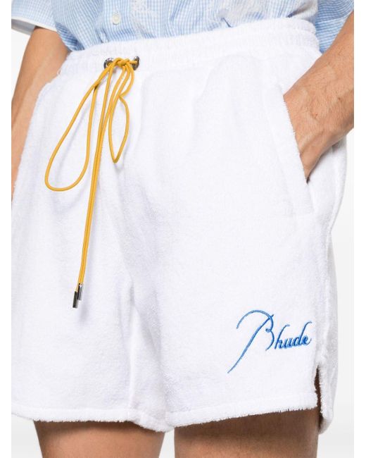 Rhude White Logo Embroidered Terry Cloth Shorts for men