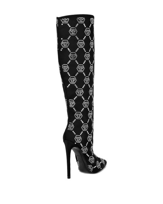 Philipp Plein Black Satin Boots High-Heels Mid Strass Monogram