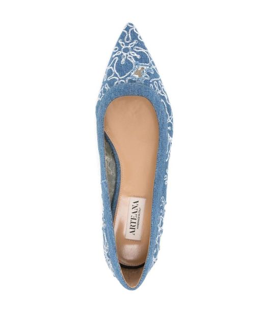 Arteana Blue Floral-embroidered Ballerina Shoes