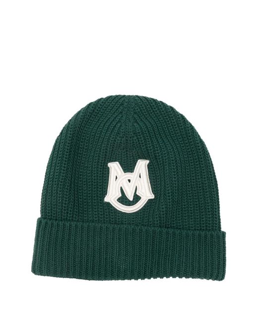 Moncler Green Ribbed Logo-Patch Beanie Hat for men