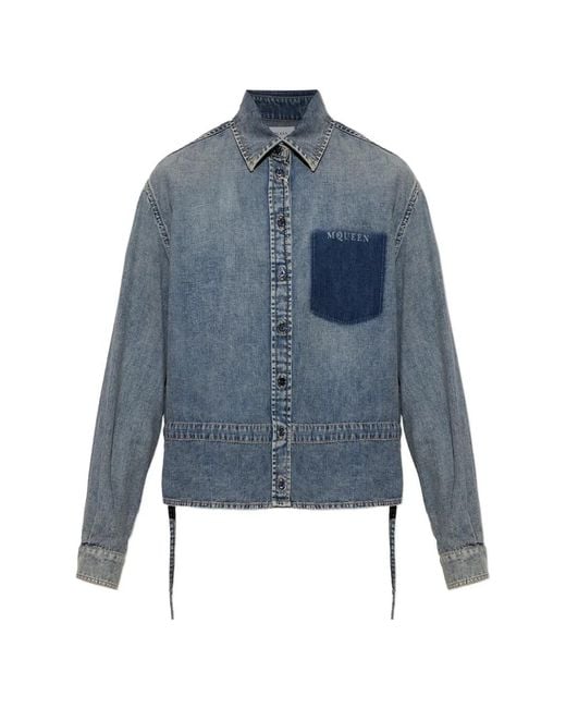 McQueen Blue Logo-Print Chest-Pocket Denim Jacket