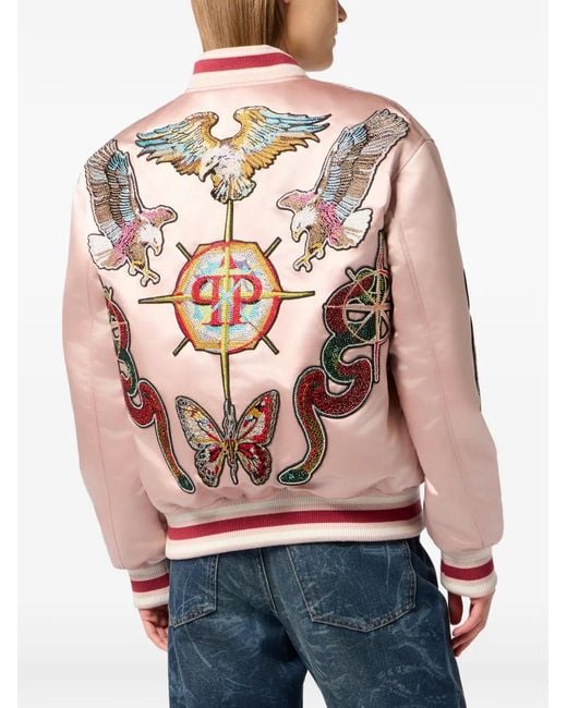 Philipp Plein Pink Oversized Bomber Patches Strass