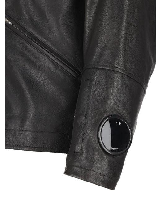 C P Company Black Goggle-Detail Leather Jacket for men