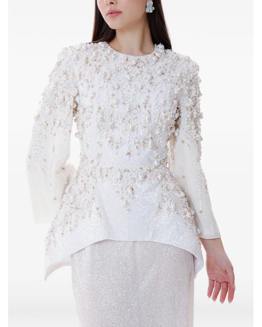 Dina Melwani White Crystal Pearl Embellished Couture Maxi Dress