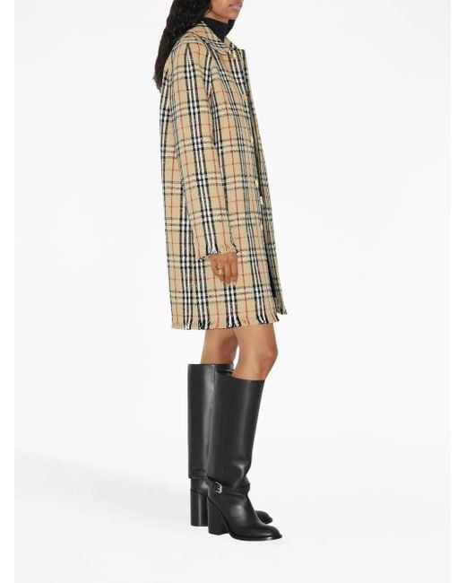 Burberry Natural Bouclé Checkered Buttoned Raincoat