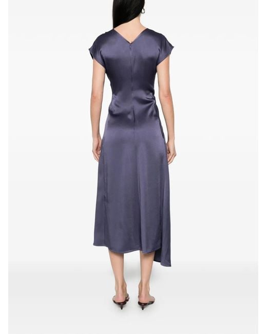 Victoria Beckham Blue Aria Dark Ocean Crepe Back Satin Asymmetric Midi Dress With Twisted Detail