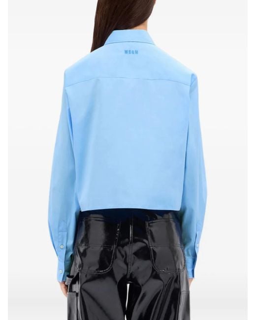 MSGM Rose-embroidered Cropped Shirt Blue