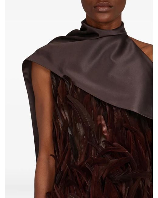 Ferragamo Brown Satinkleid Mit Federn