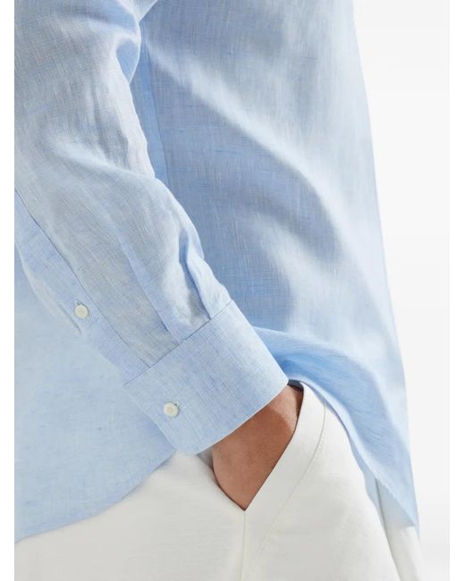 Brunello Cucinelli Blue Easy Fit Linen Shirt With French Collar for men