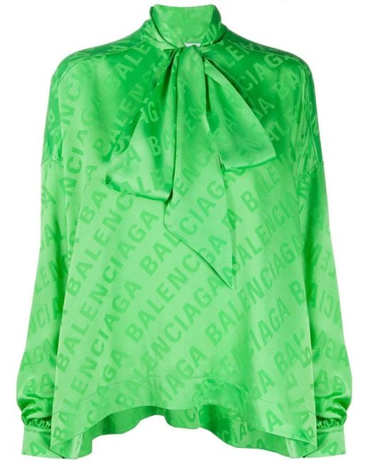 Balenciaga Green Logo-print Silk Blouse
