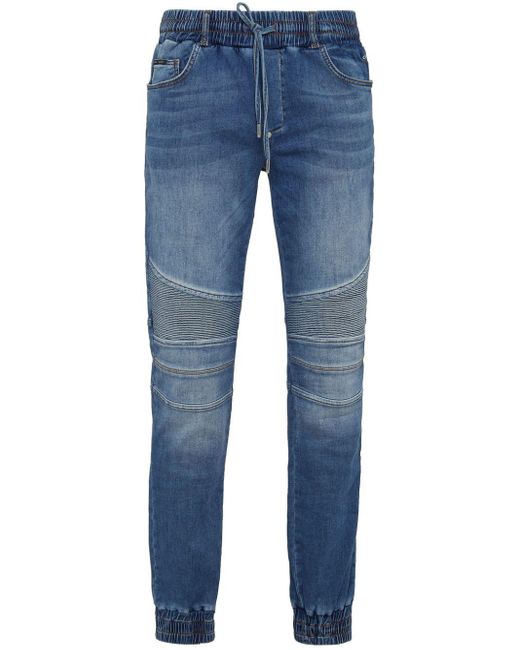 Philipp Plein Blue Ribbed-detail Slim-cut Jeans for men