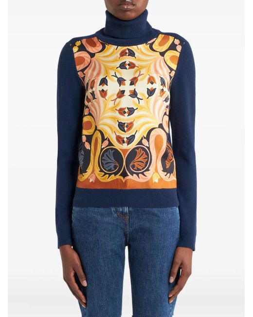 Etro Blue Roll-Neck Printed Sweater