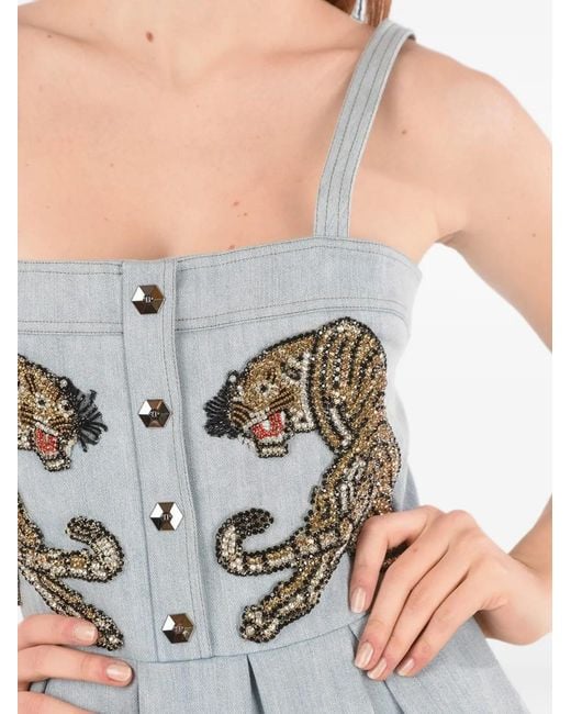 Philipp Plein Blue Embellished Pleated Denim Mini Dress