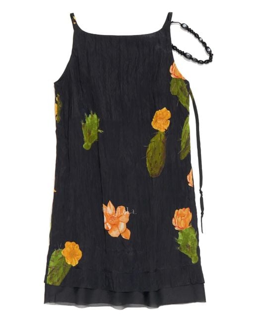 Bimba Y Lola Black Cactus-Print Beaded-Strap Mini Dress