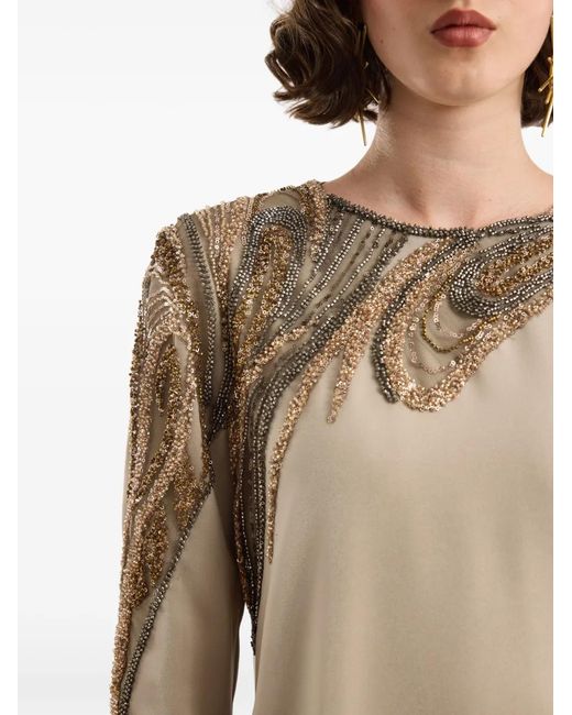 Gemy Maalouf Natural Asymmetrical Beading Maxi Dress