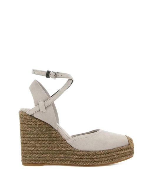 Brunello Cucinelli Metallic Ankle-Strap Suede Espadrilles