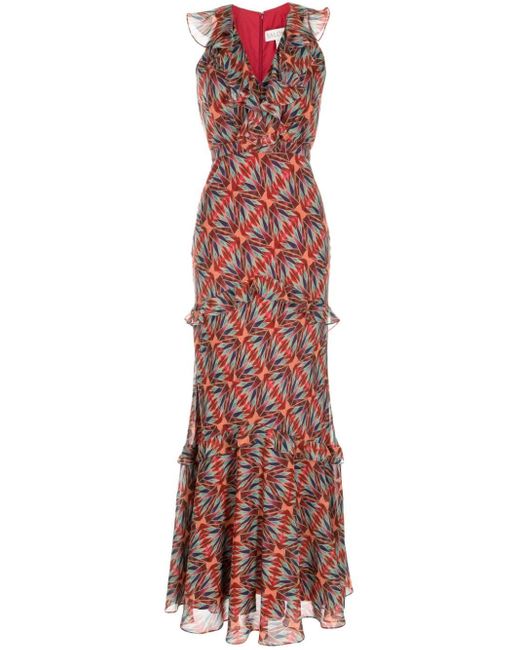 Saloni Red Rita Geometric-pattern Print Dress