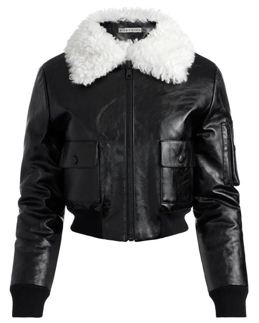 Alice + Olivia Black Willard Faux Fur-Trimmed Faux Leather Jacket
