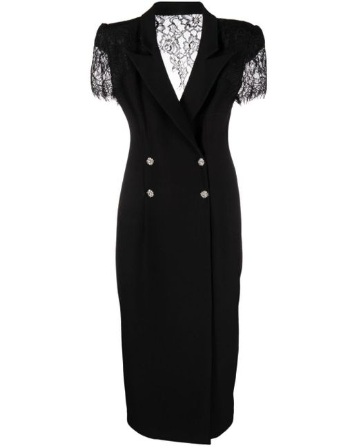 Nissa Black Lace-panels Double-breasted Midi Dress