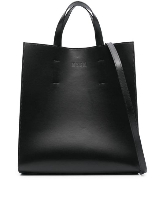 MSGM Black Logo-debossed Leather Tote Bag