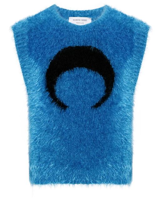 MARINE SERRE Blue Logo-Intarsia Knitted Top