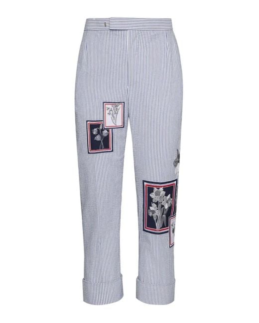 Thom Browne Blue Striped Floral-Patch Pants for men
