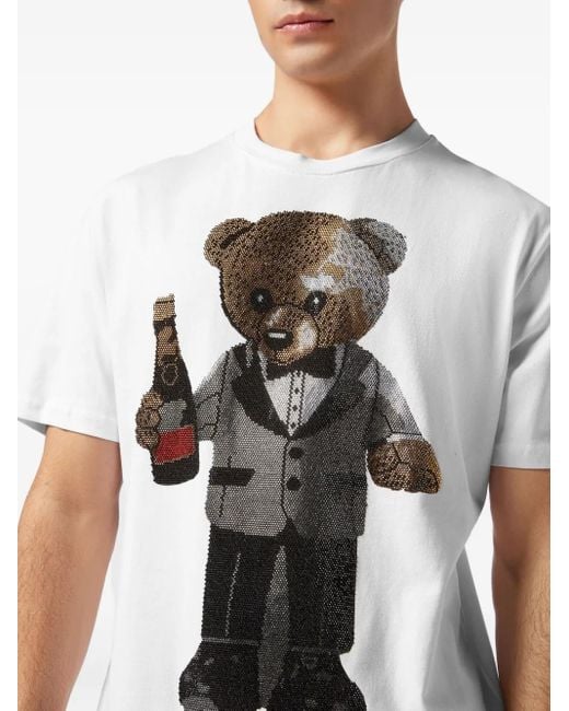 Philipp Plein White Round Neck T-Shirt Teddy Bear for men