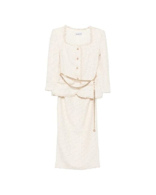 Self-Portrait White Cream Boucle Tailored Chain Midi Dress