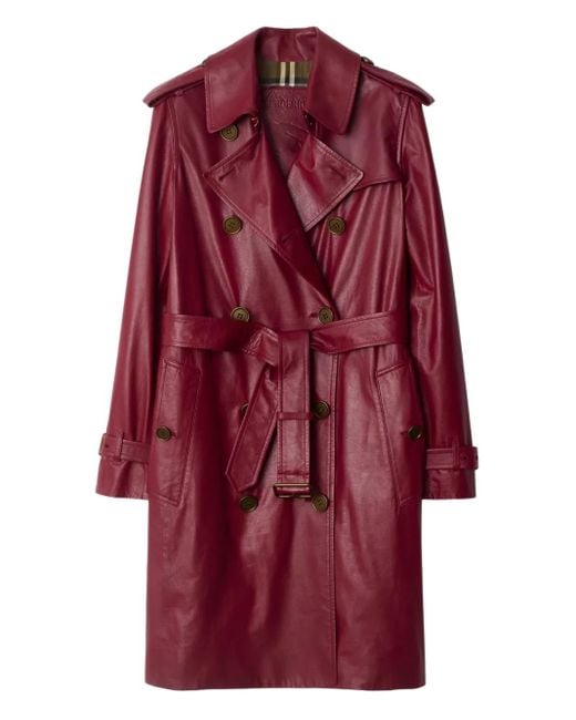 Burberry Red Mid-Length Leather Kensington Trench Coat