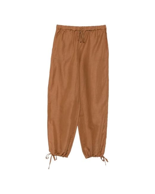 120% Lino Brown Drawstring-Fastening Palazzo Pants