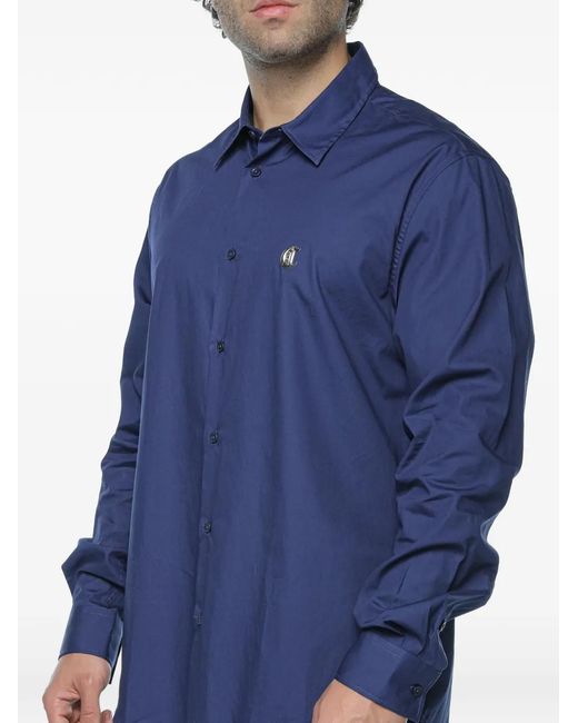 Just Cavalli Blue Logo-Patch Long-Sleeve Shirt for men