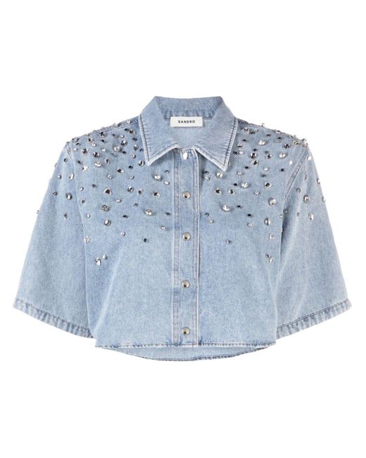 Sandro Blue Crystal-embellished Denim Shirt