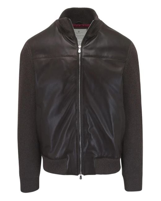 メンズ Brunello Cucinelli レザーパネル リブニット ジャケット Black