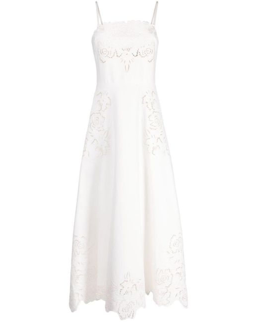 Elie Saab White Drill Floral-embroidered Midi Dress