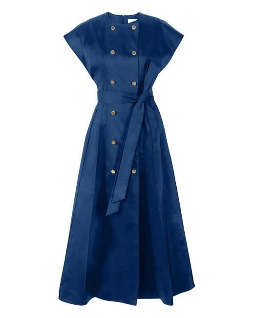 Carolina Herrera Blue Double-Breasted Cap-Sleeve Belted Midi Dress