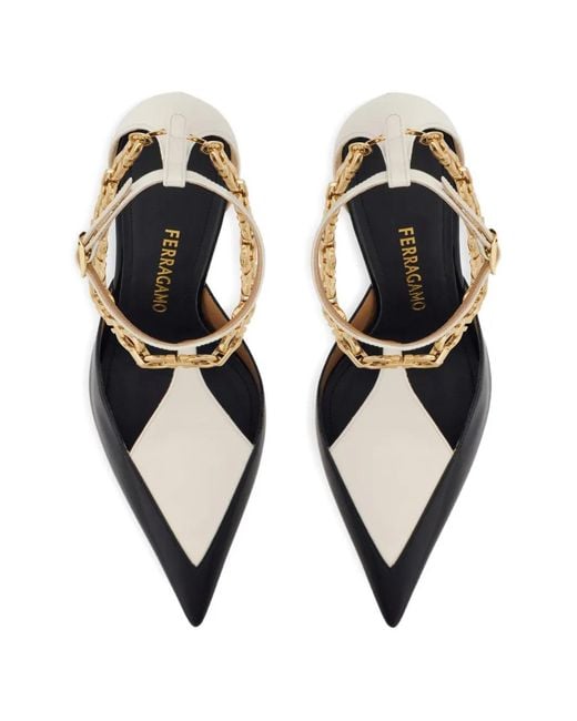 Ferragamo White S-Shaped Heel Pumps With Gancini Chain