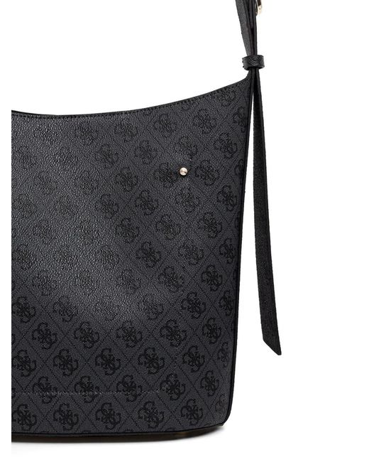 Guess Black Monogram-Pattern Buckle-Detail Bucket Bag