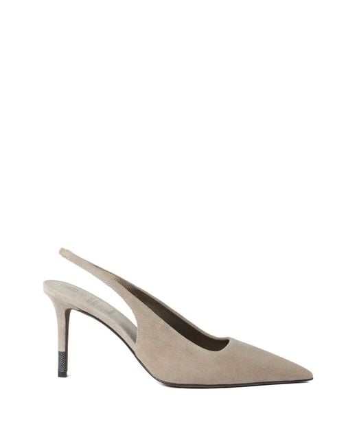Brunello Cucinelli White Suede Leather Slingback Pumps