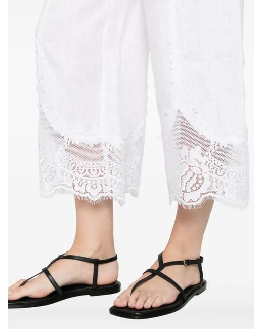 Twinset White Linen Cropped Trousers With Lace